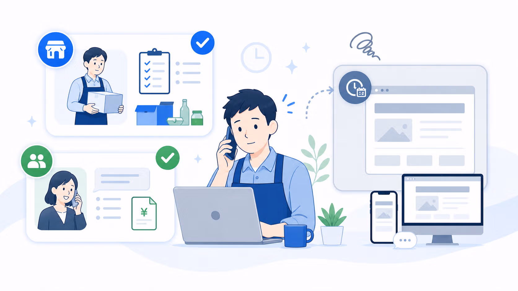 本業が忙しくホームページ更新まで手が回らない事業者のイラスト